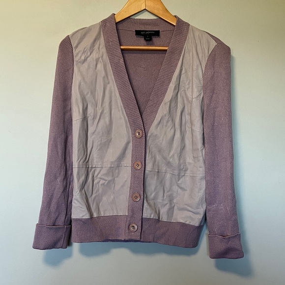 St. John Lavender Leather Ribbed Cardigan - Picture 1 of 6